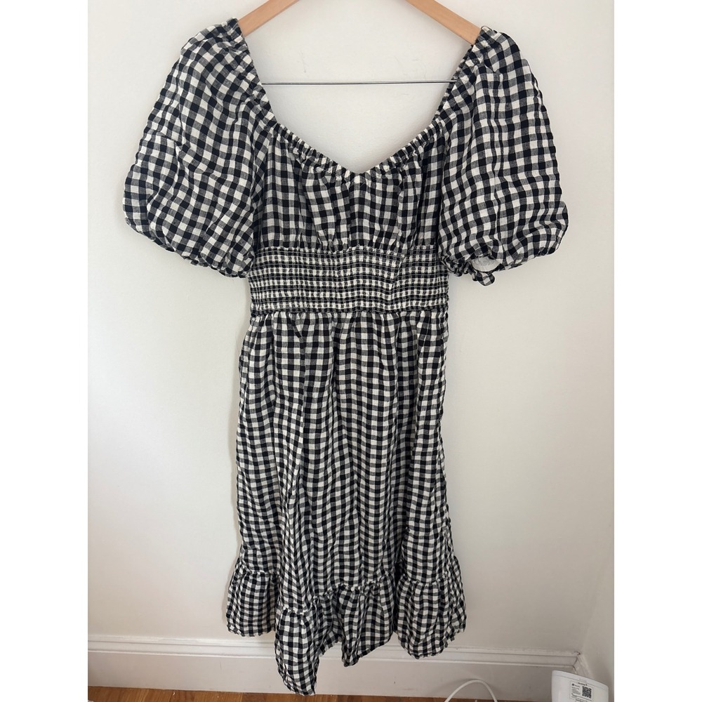 J.Crew Black White Gingham Linen Smocked Puff Sleeve Dress Medium Sweetheart M
